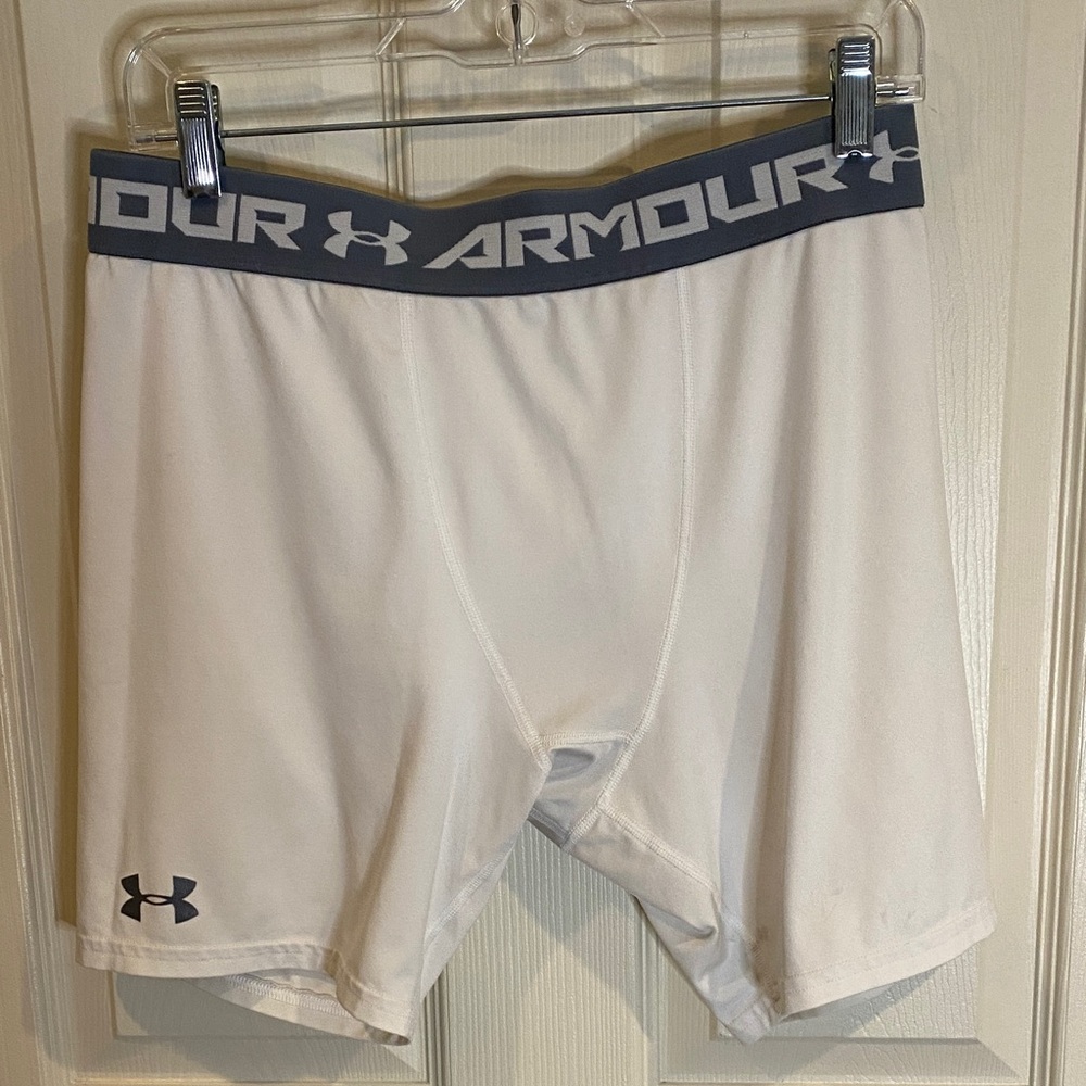 Under Armour Mens heat gear compression shorts White with Gray Waistband size L
